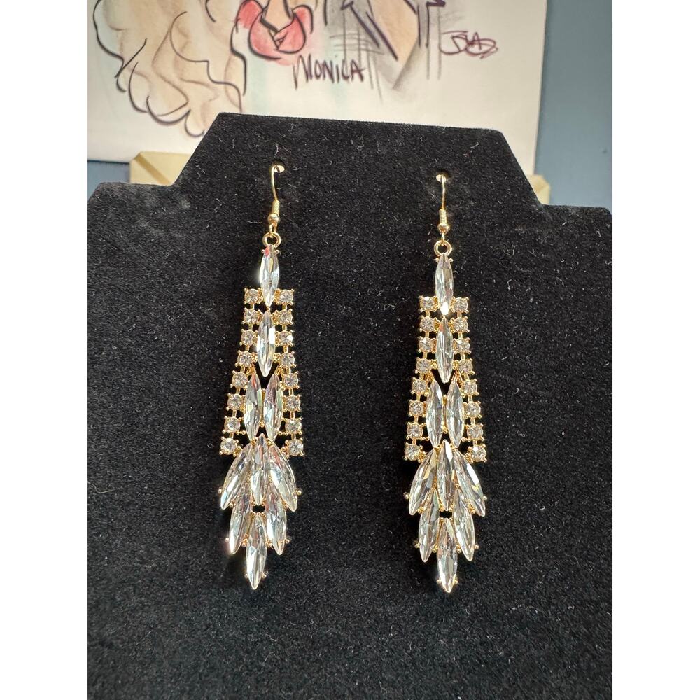 Gold Tone Crystal Chandelier Earrings Clear Rhinestone Marquis Dangle Statement